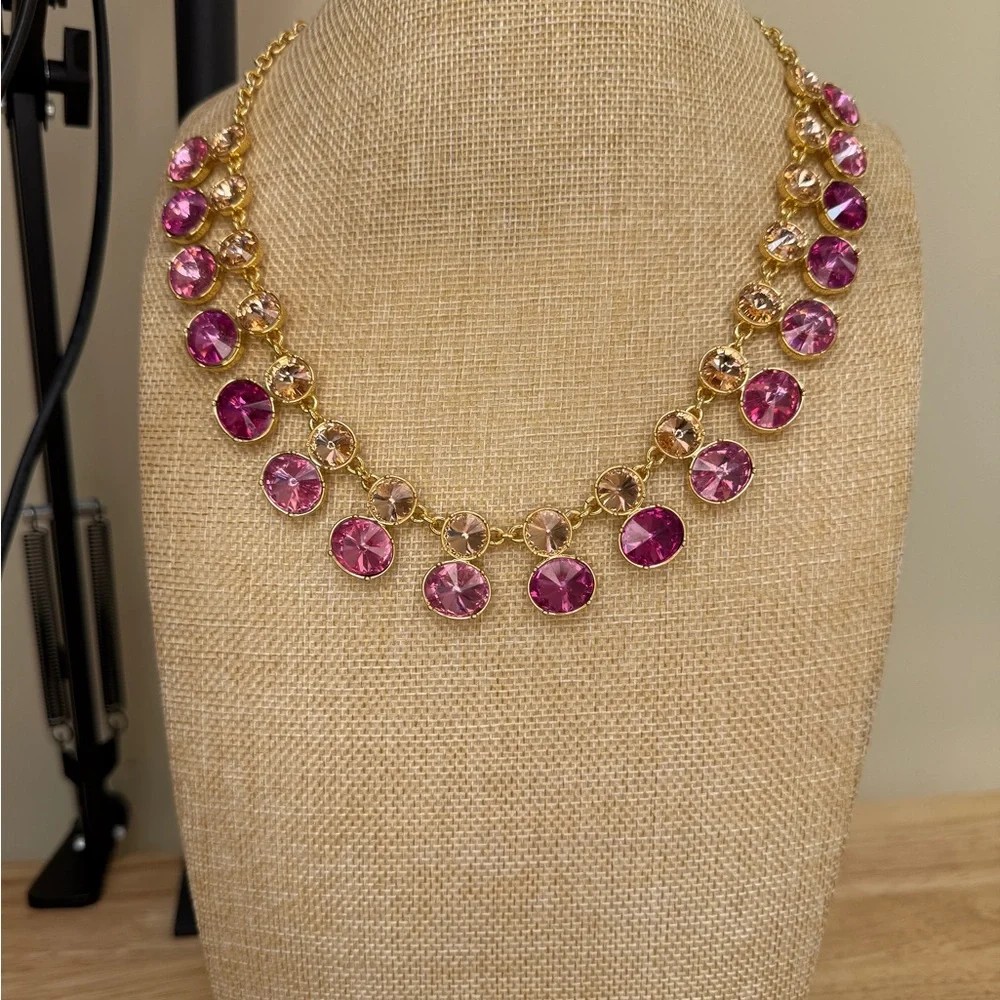 Talbots Gold and Pink Double Crystal Row Statement Necklace - Picture 3 of 10